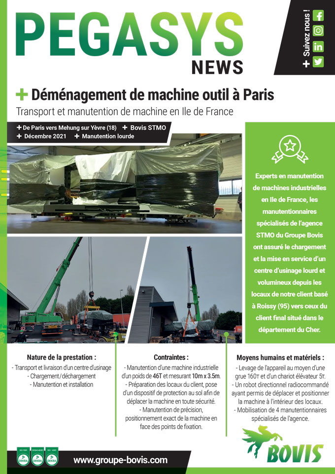 Levage de machine industrielle en Ile de France par l'agence STMO du Groupe  Bovis - Nos actualités